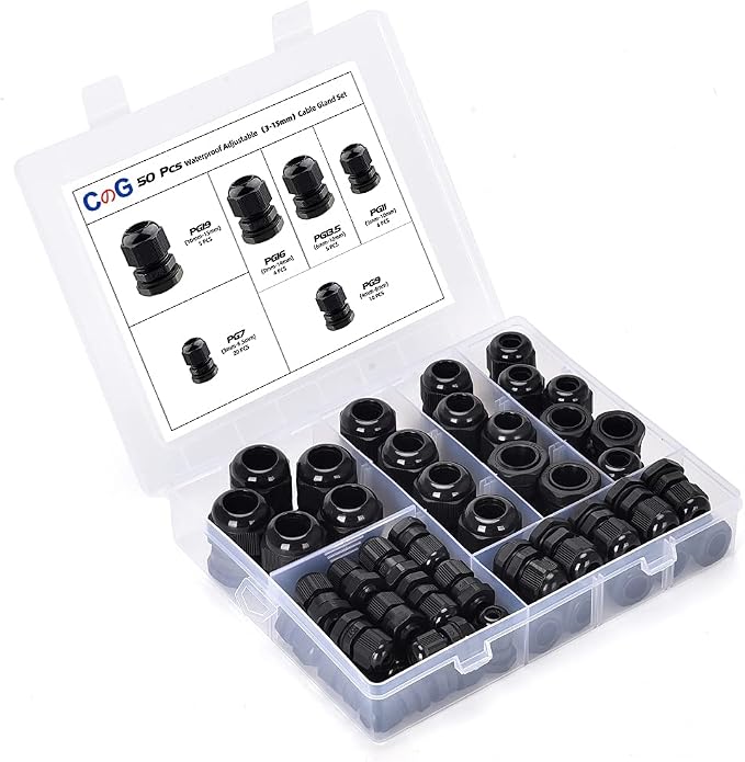 Nylon Cable Gland Kit, CGELE 50 Pack Plastic Waterproof Adjustable Connector by CGELE