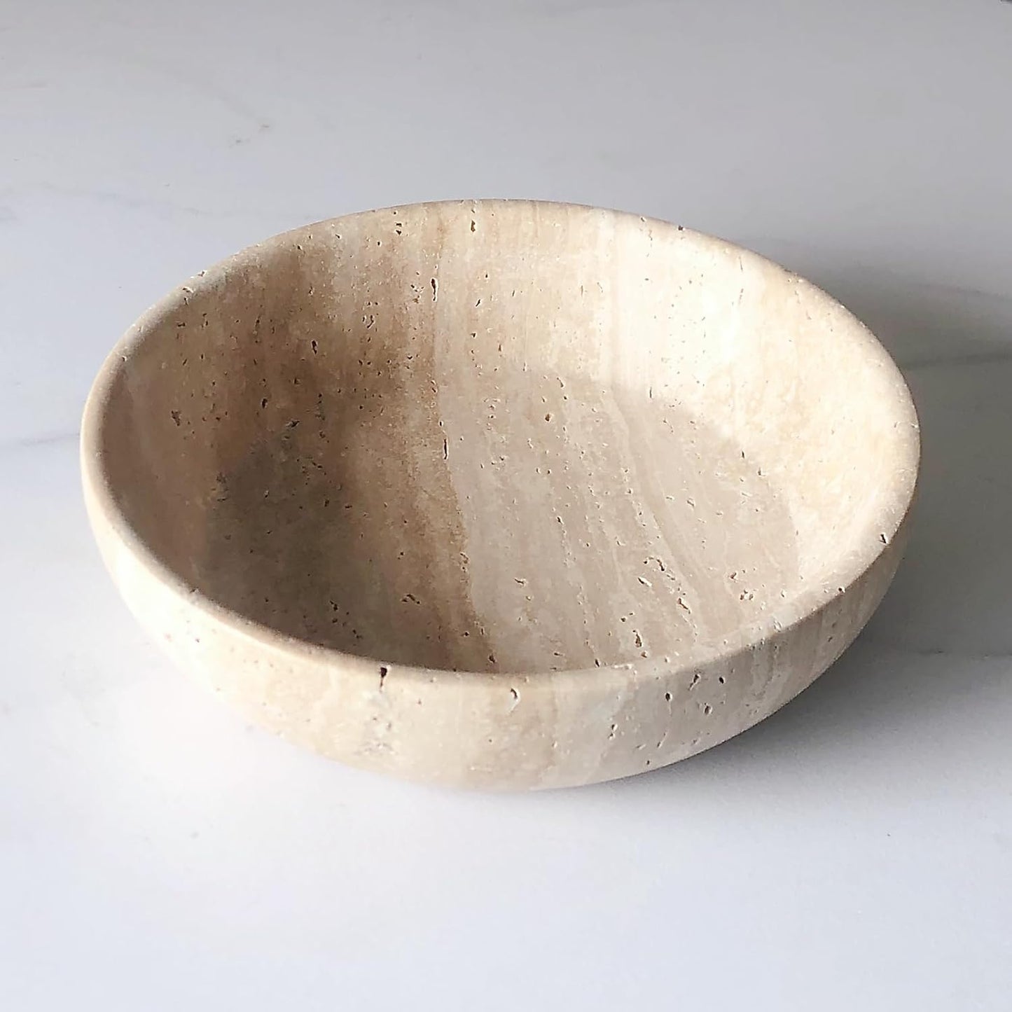 Large Marble Round Bowl HandCrafted Decorative Dish Fruit Bowl for Home Decorative (Beige Travertine)