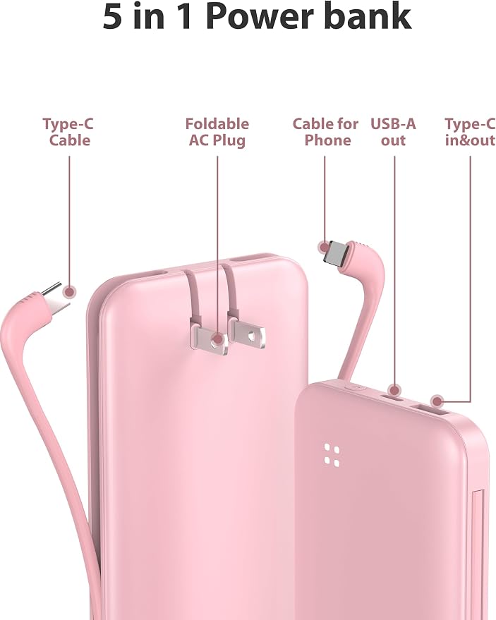 Alongza Portable Charger Built-in Cables and AC Wall Plug, Slim Fast Charging - Image 2