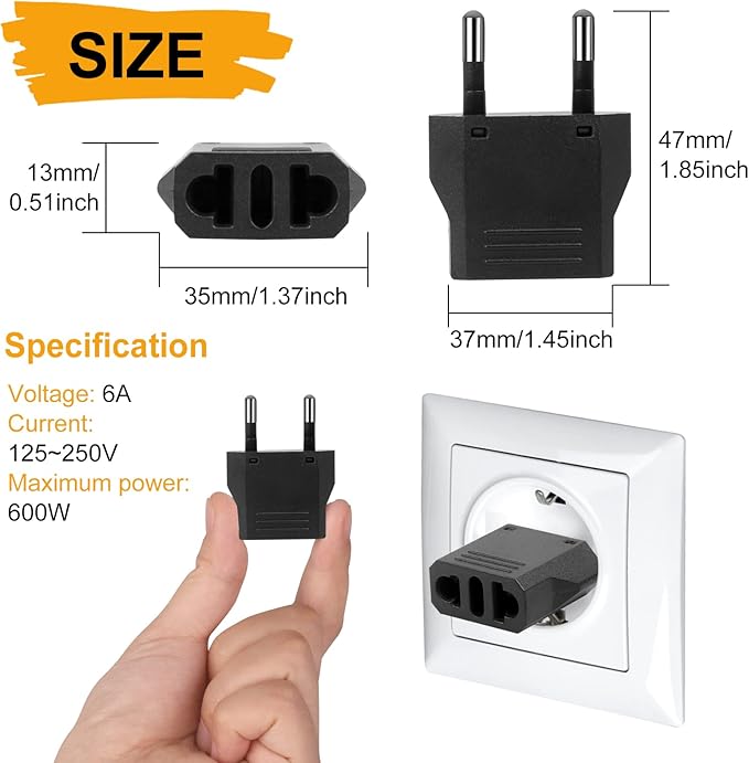 6 Pack US to Europe Plug Adapter, Type C European Travel Adapter, Outlet Wall - Image 2