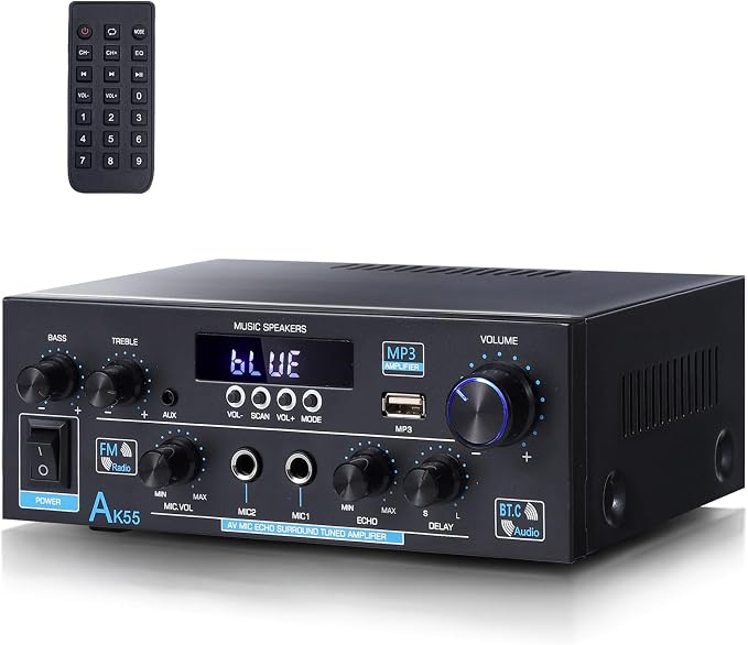 AK55 Bluetooth 5.0 Amplifier Home Audio, 2.0 Channel Max 450W Power Stereo by WOOPKER