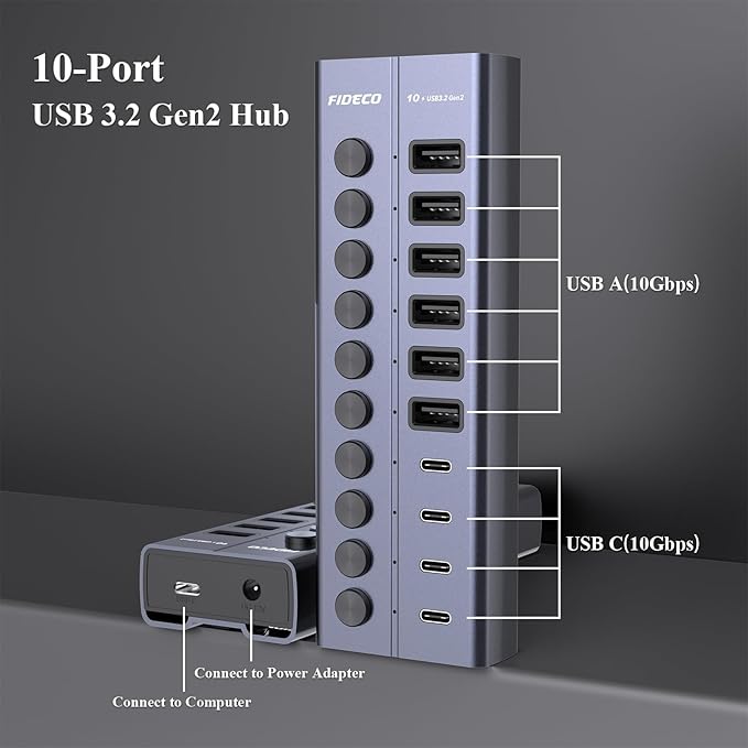 FIDECO 60W Powered USB Hub for Laptop and PC, 10-Port 10Gbps USB Splitter - Image 5