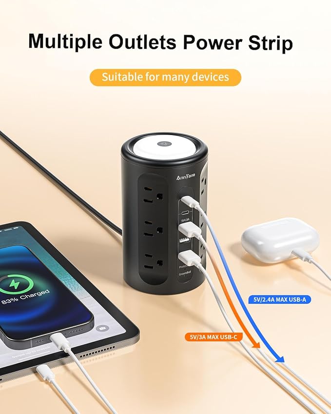 Power Strip Tower with Night Light, Power Strip Surge Protector with USB Ports - Image 6