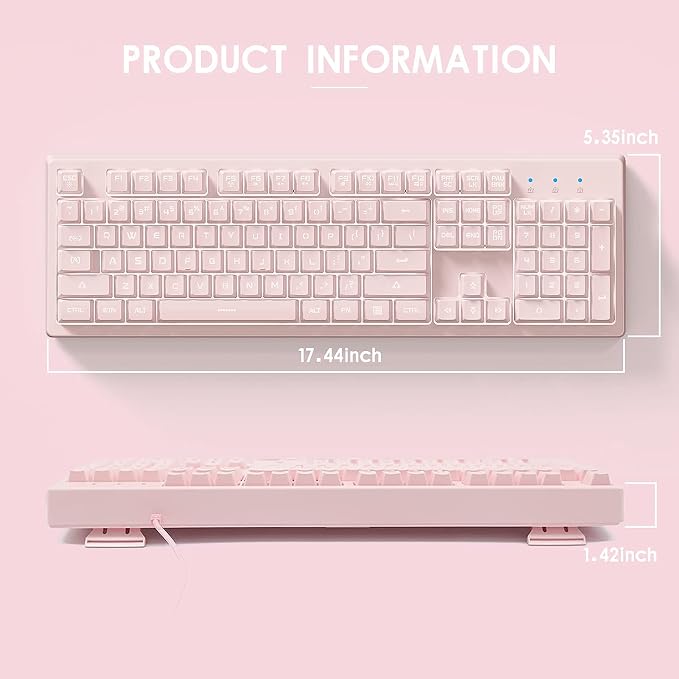 Basaltech Pink Keyboard with 7-Color LED Backlit, 104 Keys Quiet Silent Light - Image 5