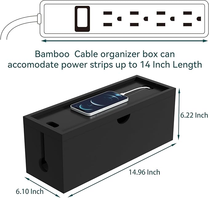 Bamboo Cable Management Box, Large Cord Organizer Box Cable Box to Hide Wires & - Image 3