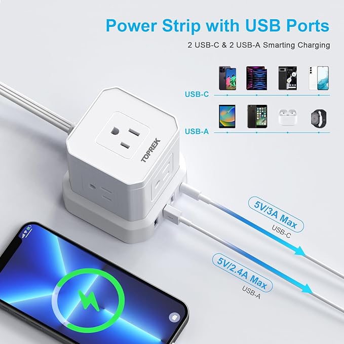 TOPREK Power Strip 25 FT Extra Long Extension Cord | Flat Plug Surge Protector - Image 4