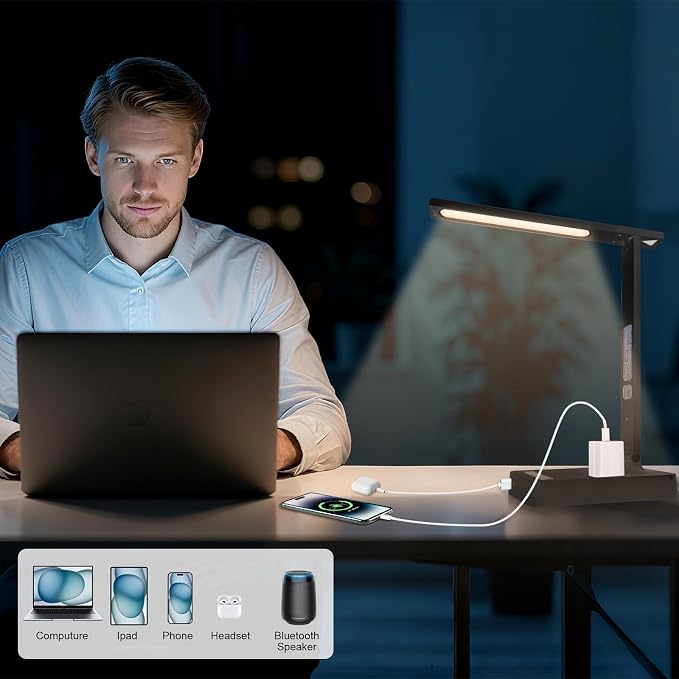 Smart Desk Lamp with Dual USB Charging & 2 AC Outlets, Digital Clock, - Image 4