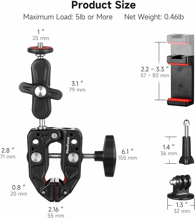 MINIFOCUS Super Clamp Camera Clamp Mount, 360° Ballhead Magic Arm - Image 5