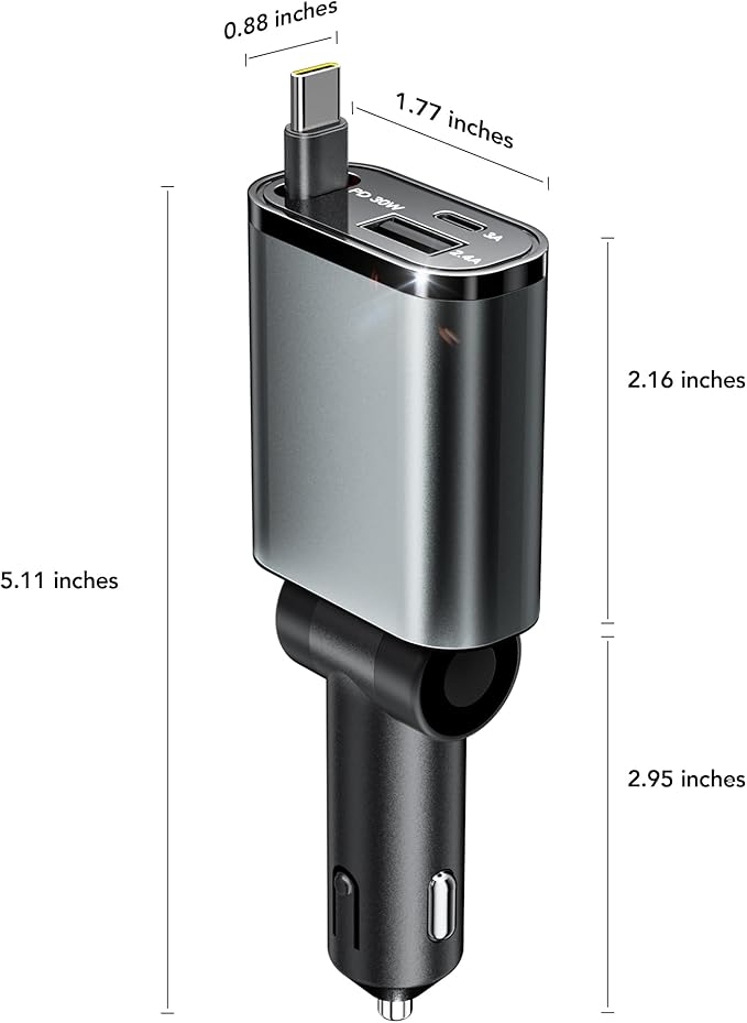 Retractable Car Charger, 3 in 1 Fast Car Phone Charger 50W, 1 TypeC Retractable - Image 2