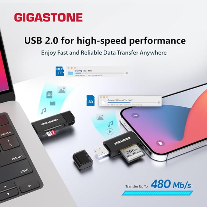 GIGASTONE SD Card Reader, 5-in-1 USB-A/USB-C Card Reader, Dual Slot - Image 3