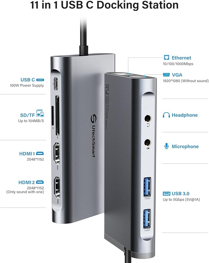 UtechSmart USB Docking Station, 11 IN 1 USB C Dock Triple Display, USB 3.0 - Image 3
