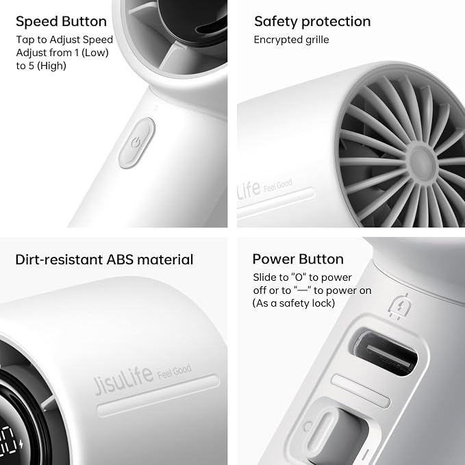 JISULIFE Handheld Turbo Fan, 5000mAh Rechargeable Portable Fans, 5 Speed Strong - Image 7