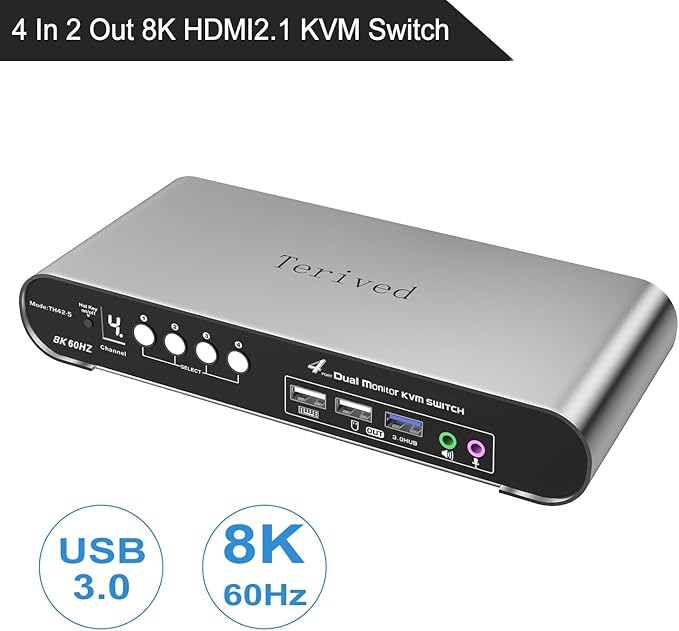 4 Computers 2 HDMI Monitor Automatic KVM Switch 8K@60Hz, Hotkey Switching - Image 2