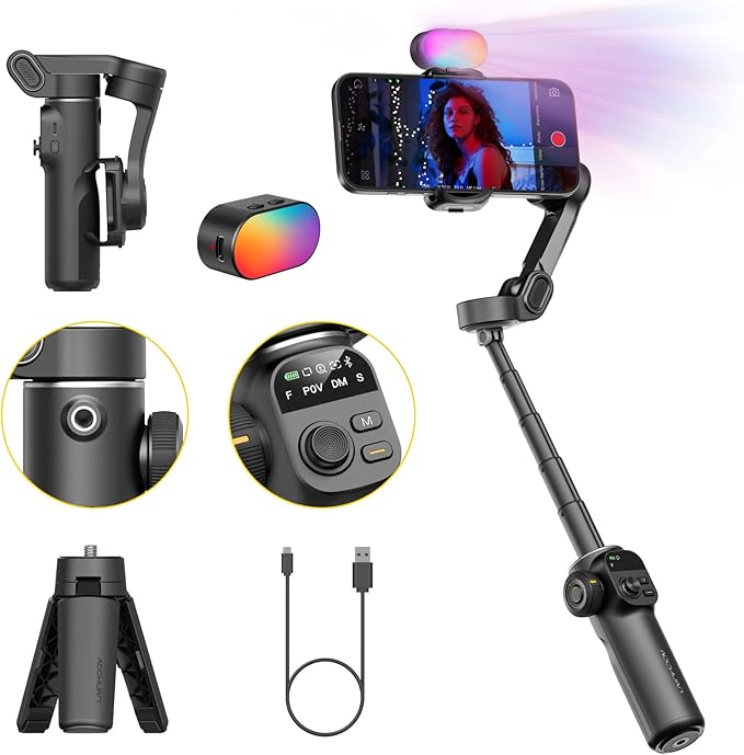 Gimbal Stabilizer for iPhone, Phone Gimbal w/RGB Magnetic Fill Light, Foldable by AOCHUAN