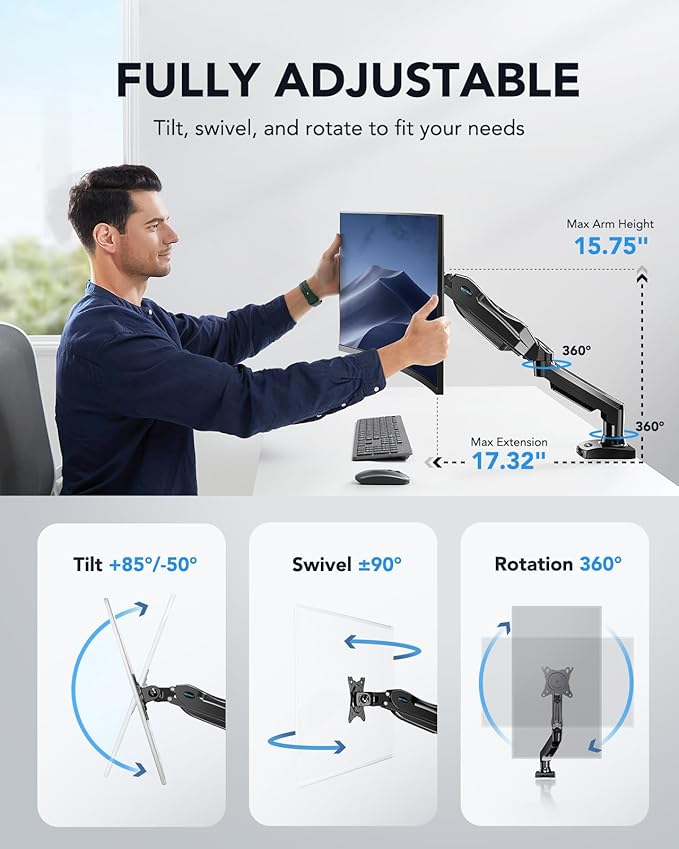 HUANUO Single Monitor Mount, 13 to 32 Inch Gas Monitor Arm, Adjustable Stand - Image 4