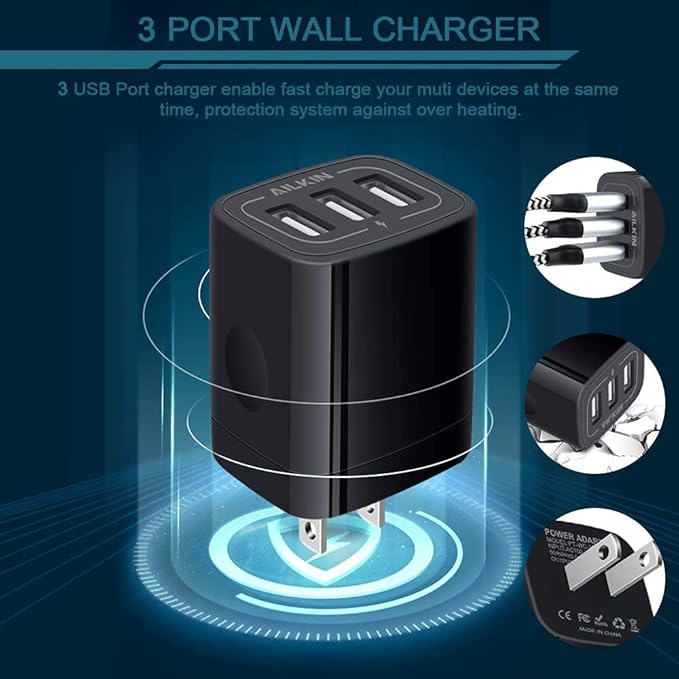 AILKIN 3 USB Wall Charger, Triple Charging Adapter, Fast Charging Block Home - Image 4