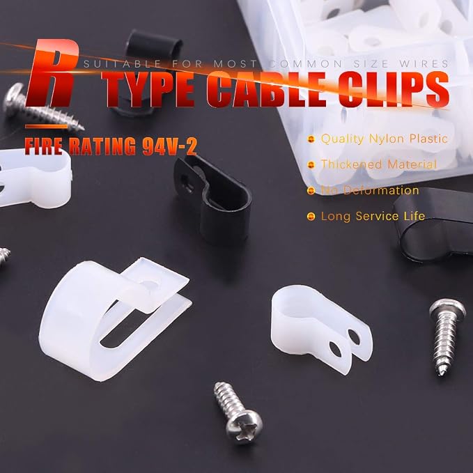 Hilitchi 132 Pcs 6 Sizes Black and White Plastic Cable Clamp R Type Screw - Image 5