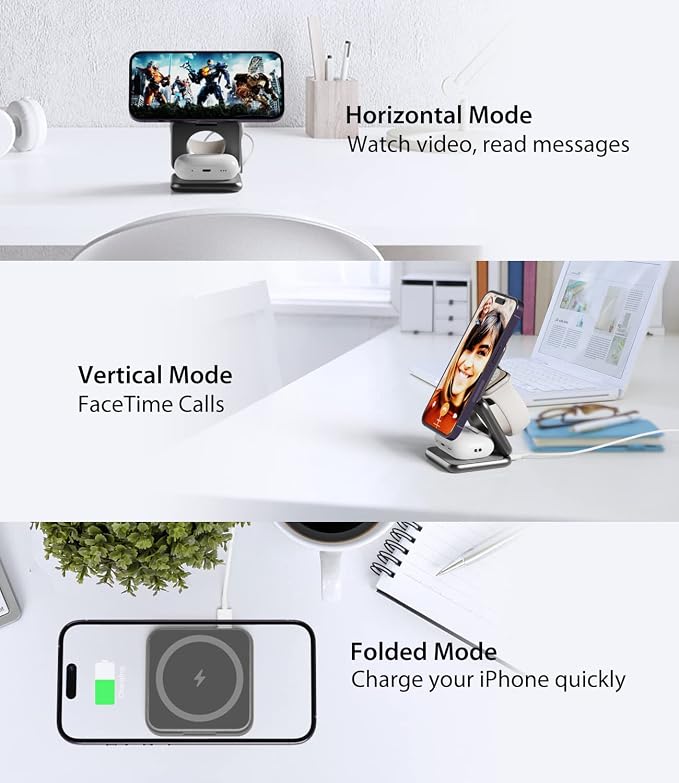 Foldable Magnetic Wireless Charger, KU XIU X40 Aluminum Alloy 3 in 1 Charging - Image 2