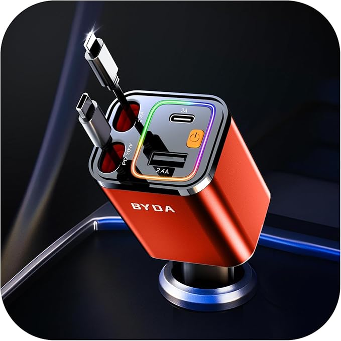 4 in 1 Retractable Car Charger, 69W Car Charger USB C, Cigarette Lighter Adapter by BYDA