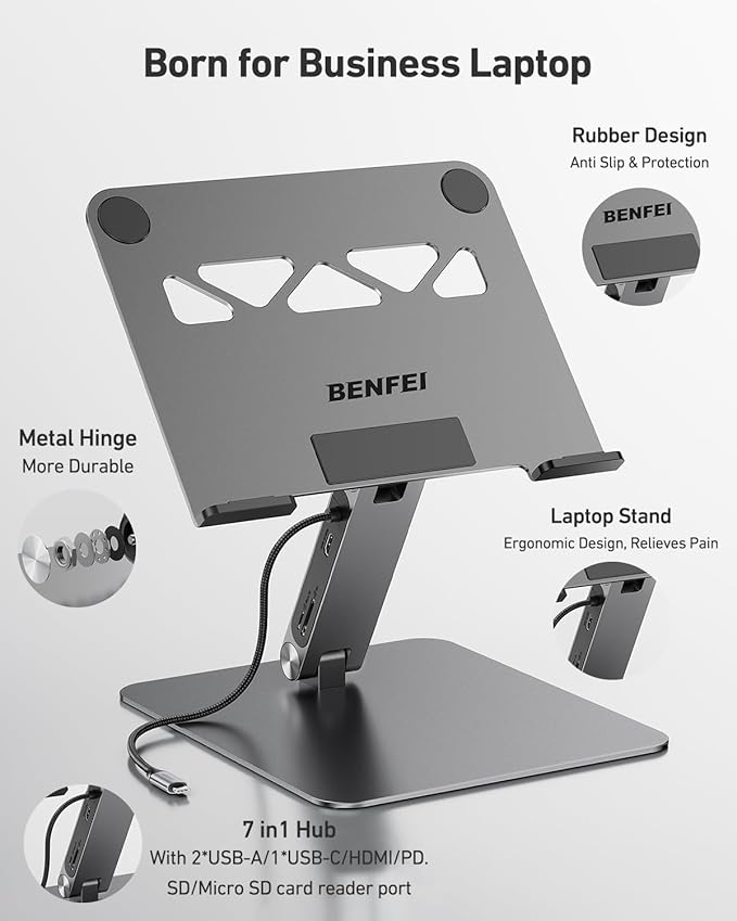 BENFEI Laptop Stand with USB C 7in1 Docking Station, HDMI 4K@60Hz, 1*SD 1*Micro - Image 8