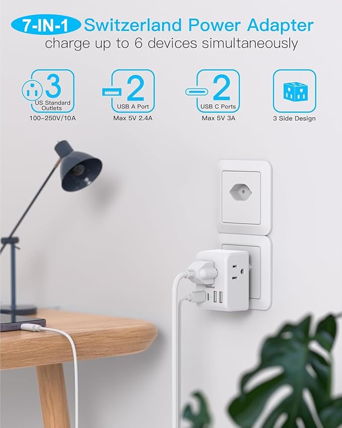 2 Pack Switzerland Travel Plug Adapter, Type J Power Adaptor - Image 3