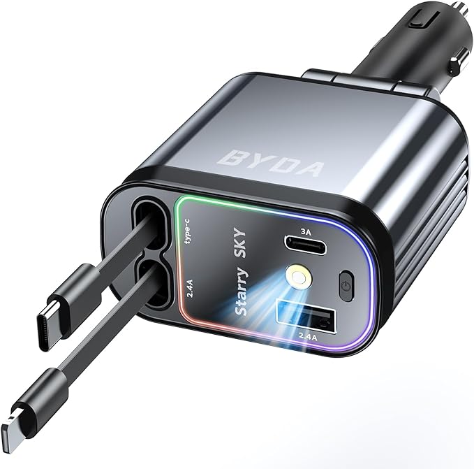 Fast Car Charger 4 in 1 Retractable Car Charger 69W by BYDA