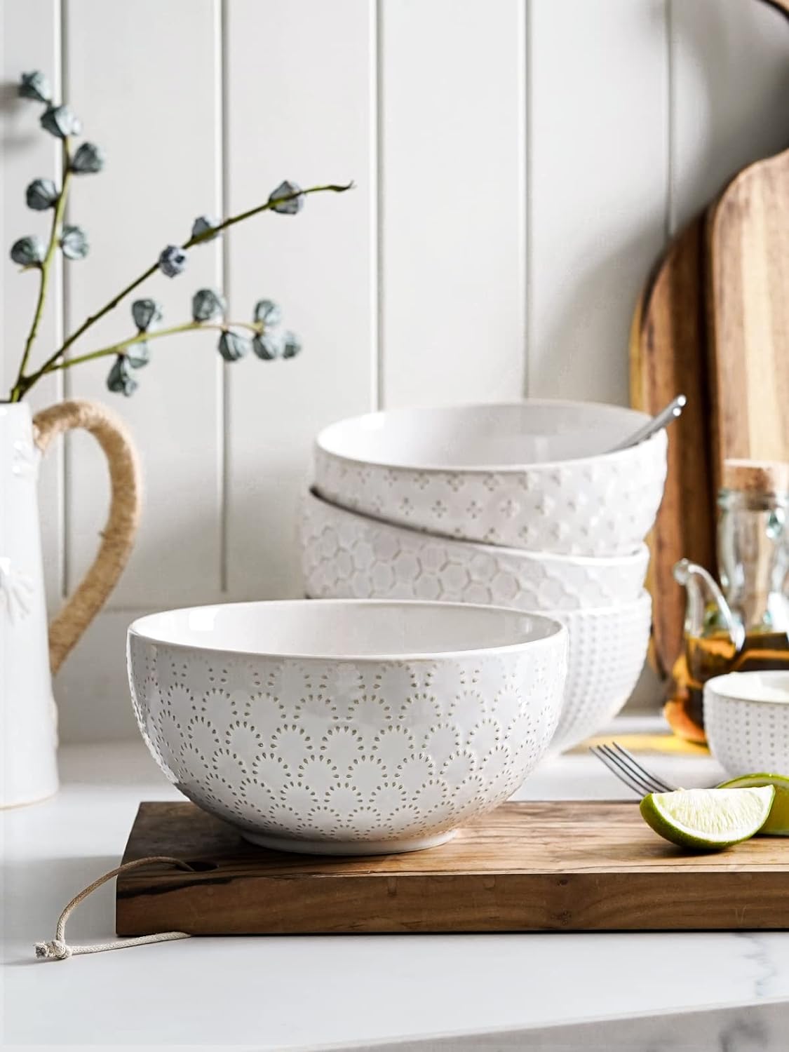LE TAUCI Large Soup Bowl 42 OZ, Ceramic Kitchen Bowl Set for Soup, Pho, Chip, Pasta, Fruits, Salad, Noodle and Ramen- 7 Inch, Set of 4, Arctic white