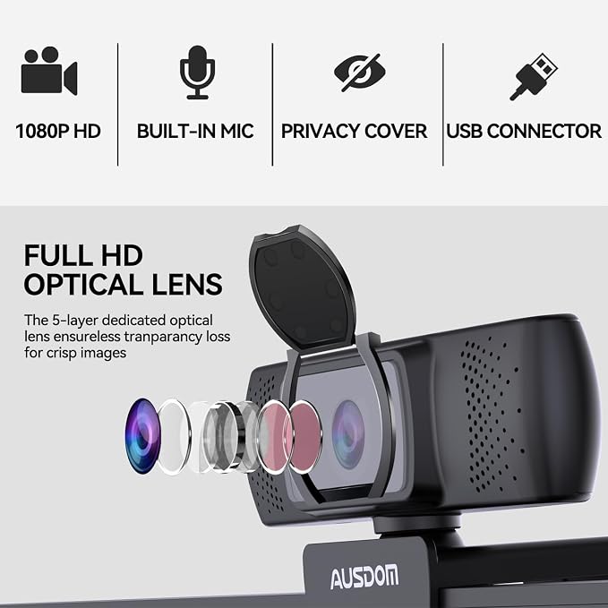 AUSDOM AF640 1080P Webcam with Microphone, 90°FOV USB PC Camera Webcam with - Image 4