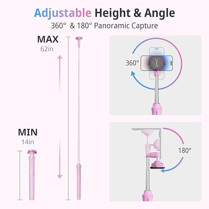 UBeesize Pink 62'' Magnetic Selfie Stick & Phone Tripod - Image 2
