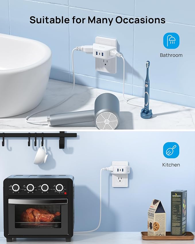 TROND Outlet Extender with USB, Wall Splitter with 2 AC Sockets, 3 USB Ports - Image 7