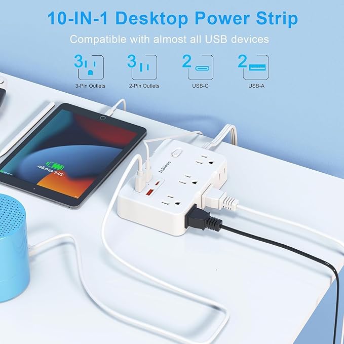 Flat Plug Power Strip Surge Protector, 5ft Ultra Thin Extension Cord - Image 2