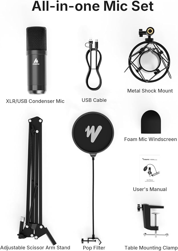 MAONO XLR/USB Condenser Microphone: 192kHz/24Bit Plug & Play PC Computer - Image 9