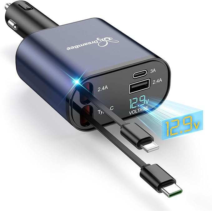 DreamBee Retractable Car Charger, 66W 4 in 1 Super Fast Charge Car Phone Charger by PowerYourWorldWithDreamBee