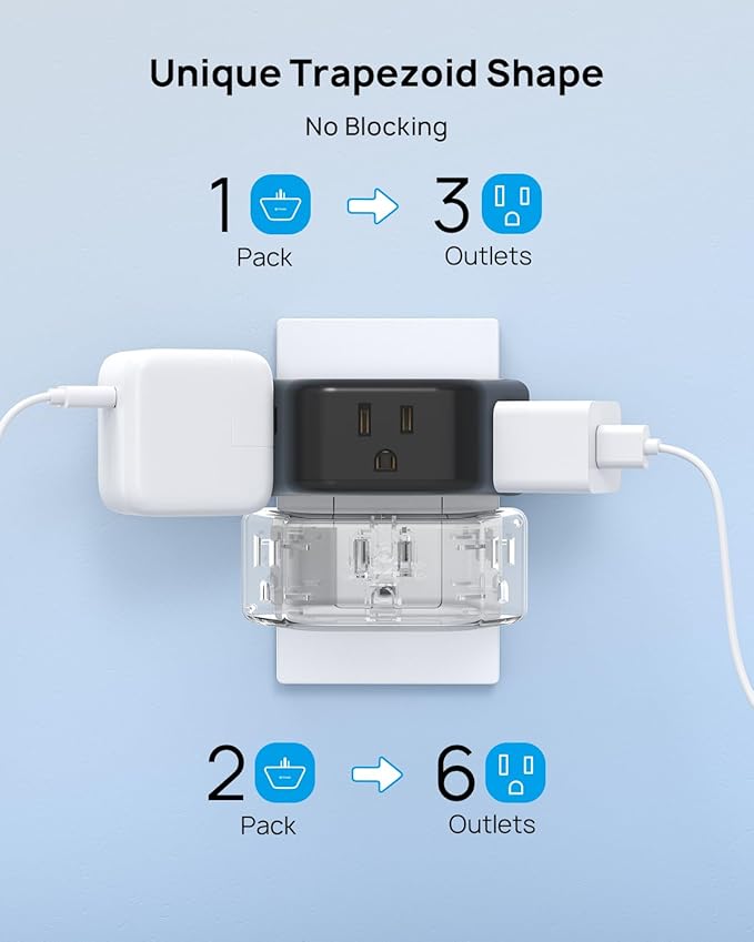 TROND 2 Pack Multi Plug Wall Outlet, 3 Way Angled Wall Outlet Extender - Image 3