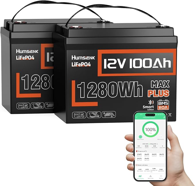 2PACK 12V 100Ah LiFePO4 Lithium Battery MAX Bluetooth 5.0 IP67, 15000+ Deep by HumsiENK