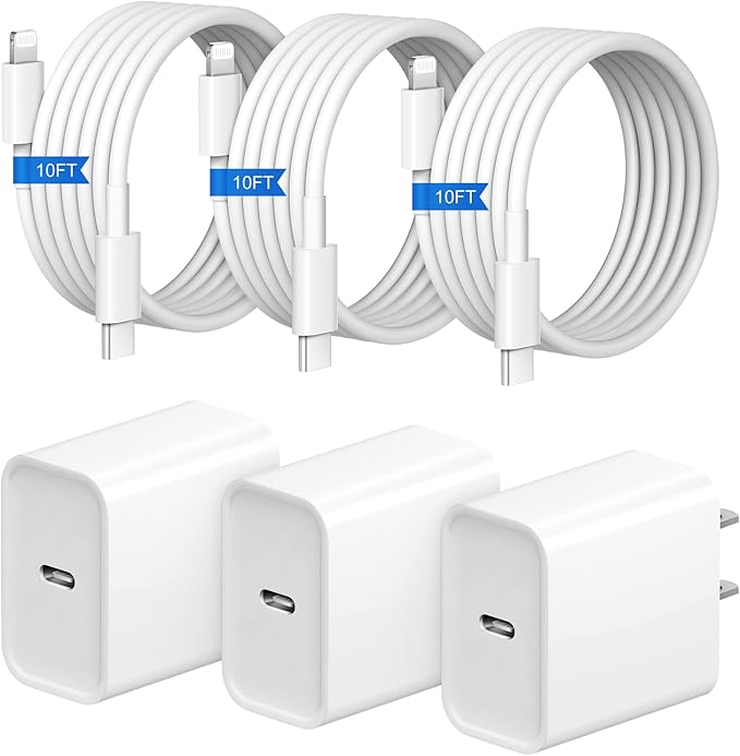 10FT iPhone Fast Charger 3+3Pack 20W USB C Wall Charger by STAMISH