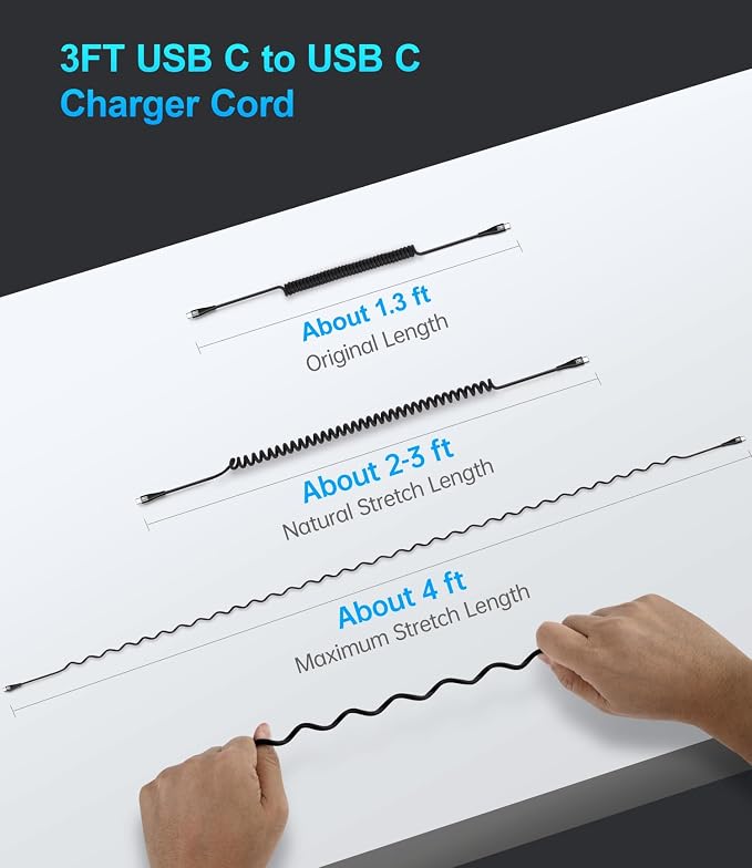 USB C to C Cable 3FT for Car, Coiled USB C Cable Fast Charging for iPhone 16 - Image 6