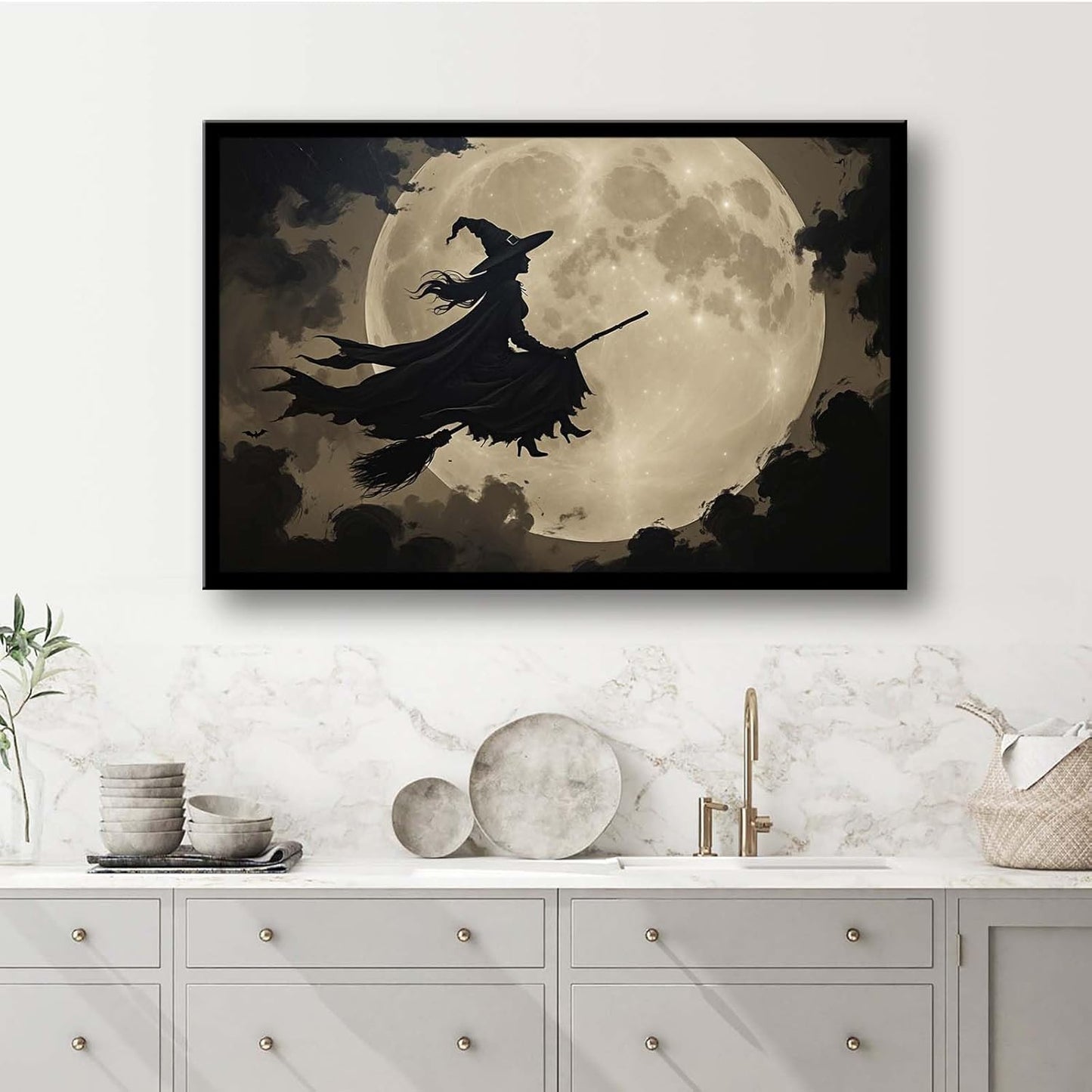 JFHCQJPK Full moon witch silhouette poster witch on magic broom Halloween mural poster decorative mural art suitable for home living room bedroom8x12in Metal blackFramed