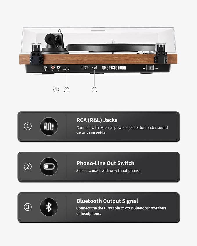ANGELS HORN Turntable, Vinyl Record Player, Built-in Phono Preamp, Belt Drive - Image 5
