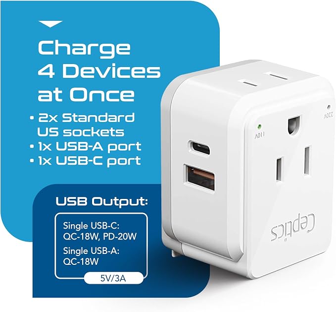 Ceptics UK, Ireland Power Adapter Travel, Safe Dual USB & USB-C 3.1A - Image 6