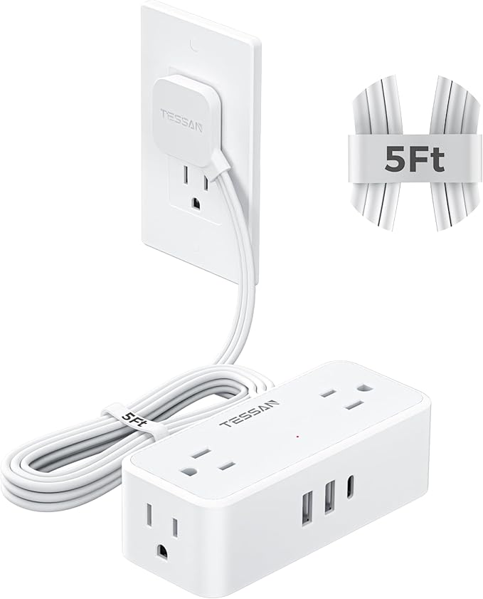 TESSAN 5 FT White Extension Cord, 900J Surge Protector Small Power Strip by TESSAN