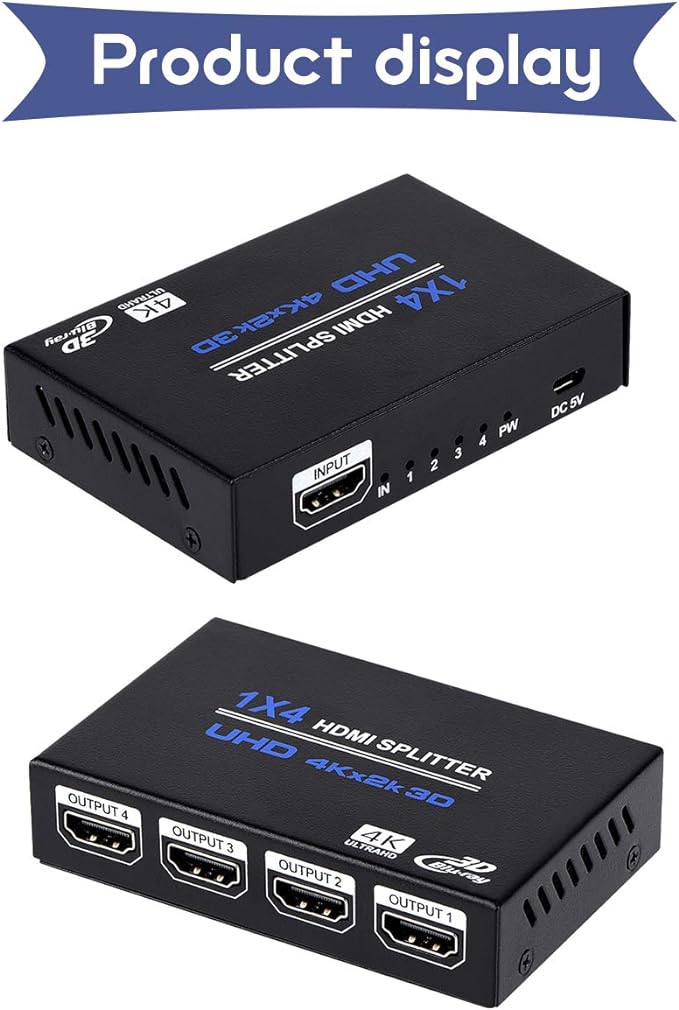 1x4 HDMI Splitter, 1 in 4 Out HDMI Splitter Audio Video Distributor Box Support - Image 6