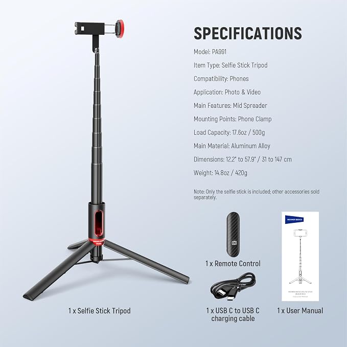 NEEWER Basics PA991 Selfie Stick Tripod Compatible - Image 8