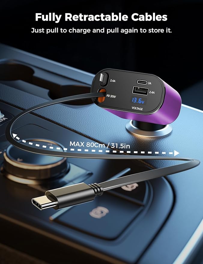 【Upgraded】 SUPERONE Retractable Car Charger 4 in 1, Fast Car Phone Charger - Image 2