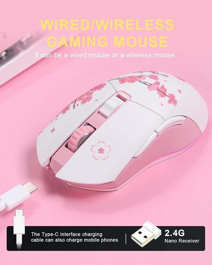 DAREU Sakura Pink Wireless Wired Gaming Mouse, Dual-Mode Rechargeable 6 - Image 3