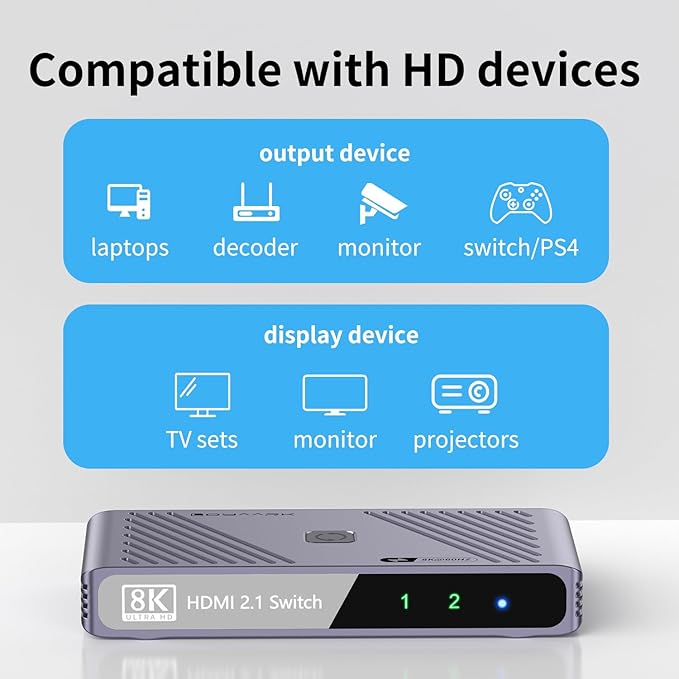 Video Selector Boxes， 8K@60Hz Splitter, bi-Directional 8K HD switcher 2 in 1 Out - Image 5