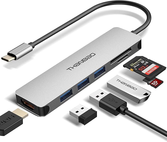 USB C Hub Multiport Adapter - 7 in 1 Portable Space Aluminum Dongle by ThanBao