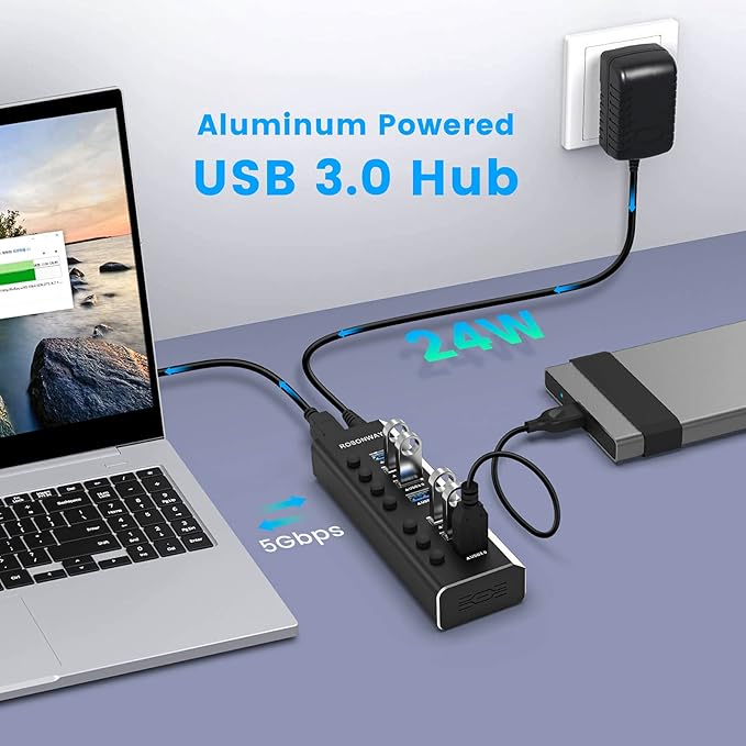 USB Hub 3.0 Powered Rosonway Aluminum 7 Ports USB 3.0 Data Hub Splitter - Image 2