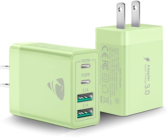 USB C Wall Charger 2-Pack, 40W 4-Port USB C Charger Block PD Power Delivery by Aiminu