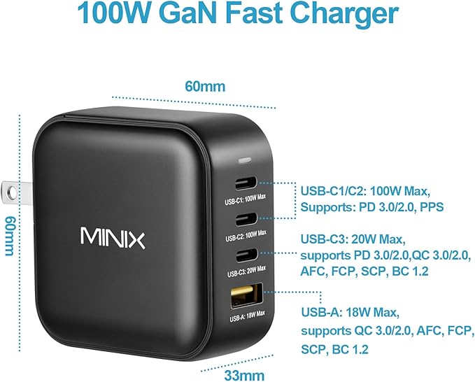 MINIX 100W USB C Charger, NEO P3 Turbo 4-Ports GaN Wall Charger, 3 x USB-C Port - Image 2